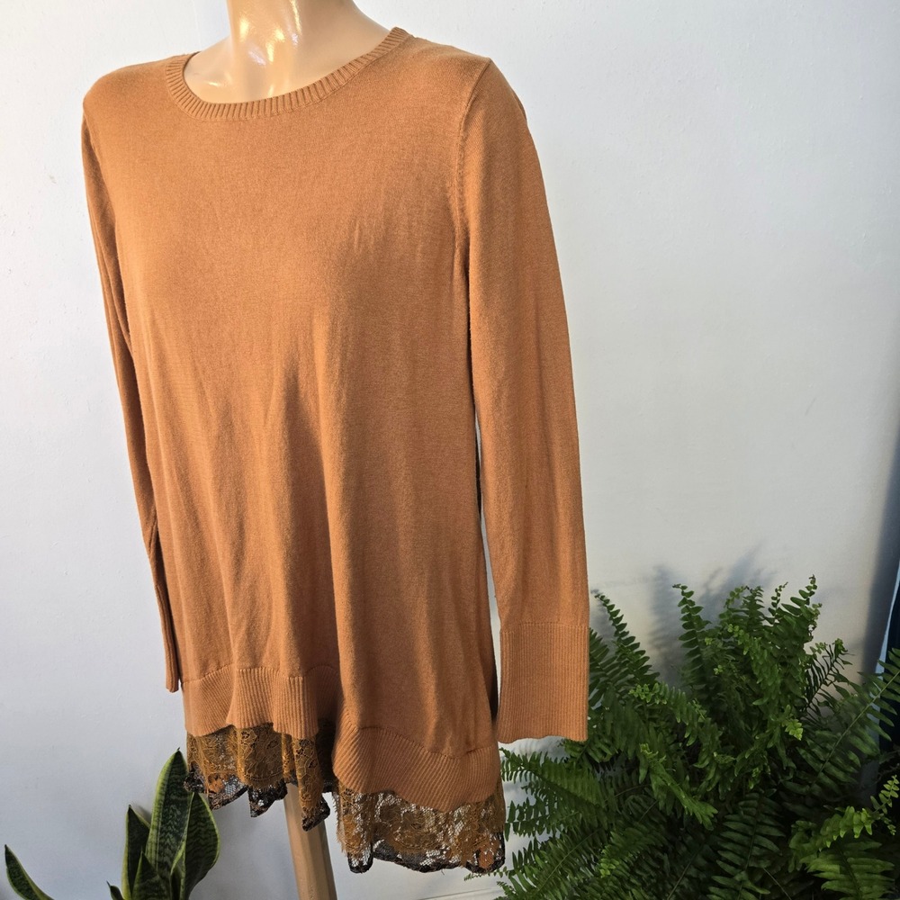 LOGO Lori Goldstein Sweater Womens Large Tan Cotton Cashmere Lace Trim Tunic